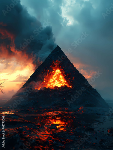 The Shadow Of The Trinity Is Shown, A Pyramid With A Fire In The Middle Of It With Mayon Volcano In The Background