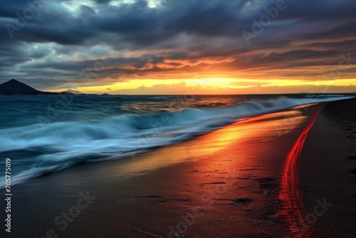 a sunset on a beach with a wave coming in to the shore and a small island in the distance with a red light in the middle of the water and a red line.