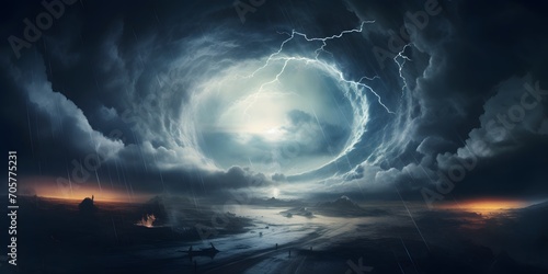 lightning in the cyclone, symbol for impending doom, disaster is coming, concept with copy space