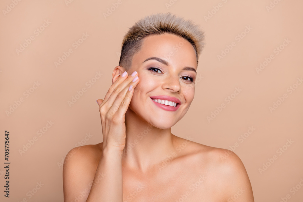 Photo of happy pretty girl have morning hygiene applying beauty gel cleansing isolated pastel color background Photo of happy pretty girl have morning hygiene applying beauty gel cleansing isolated pastel color background