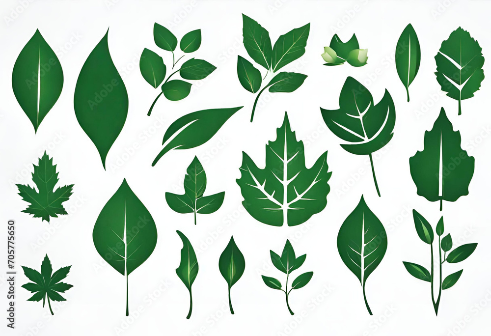 Leaves collection eco, Green leaves flat icon set, nature illustration and backgrounds, v3 - obrazy, fototapety, plakaty 