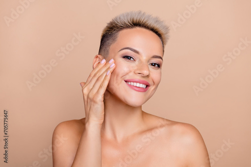 Photo of happy pretty girl have morning hygiene applying beauty gel cleansing isolated pastel color background