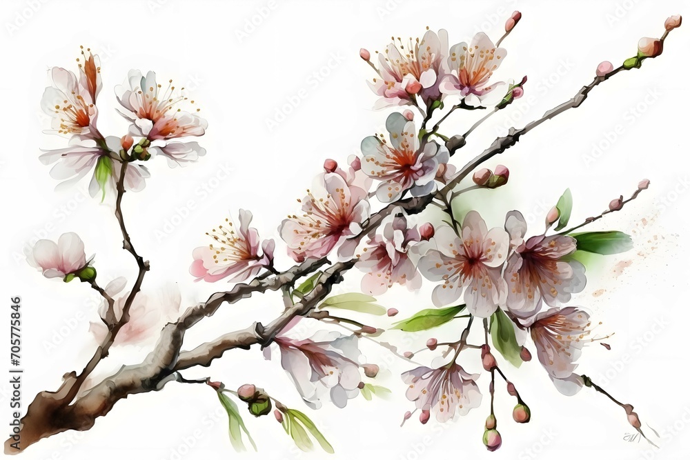 watercolor sakura tre branch on white background - obrazy, fototapety, plakaty 
