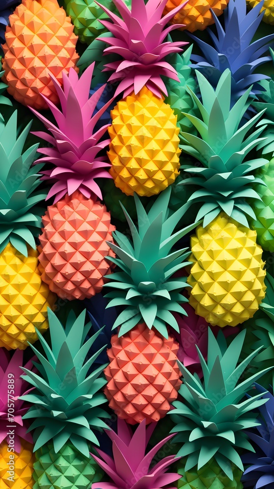 AI generated illustration of paper pineapples in a variety of colors AI generated illustration of paper pineapples in a variety of colors