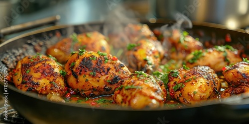 Aji Panca Chicken: A kitchen setting with chicken cooked in Aji Panca spices - Spicy Peruvian Chicken Mastery - Warm, golden lighting to showcase the succulence and spice infusion in this Peruvian photo