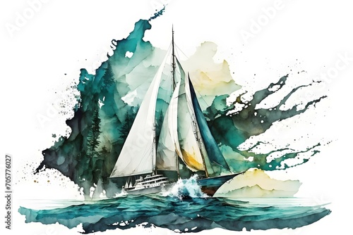 watercolor sailboat scene on white background