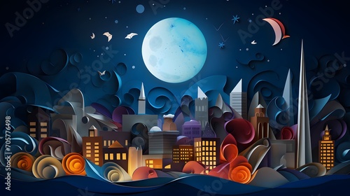 AI generated illustration of Boston city featuring a bright, full moon in the sky