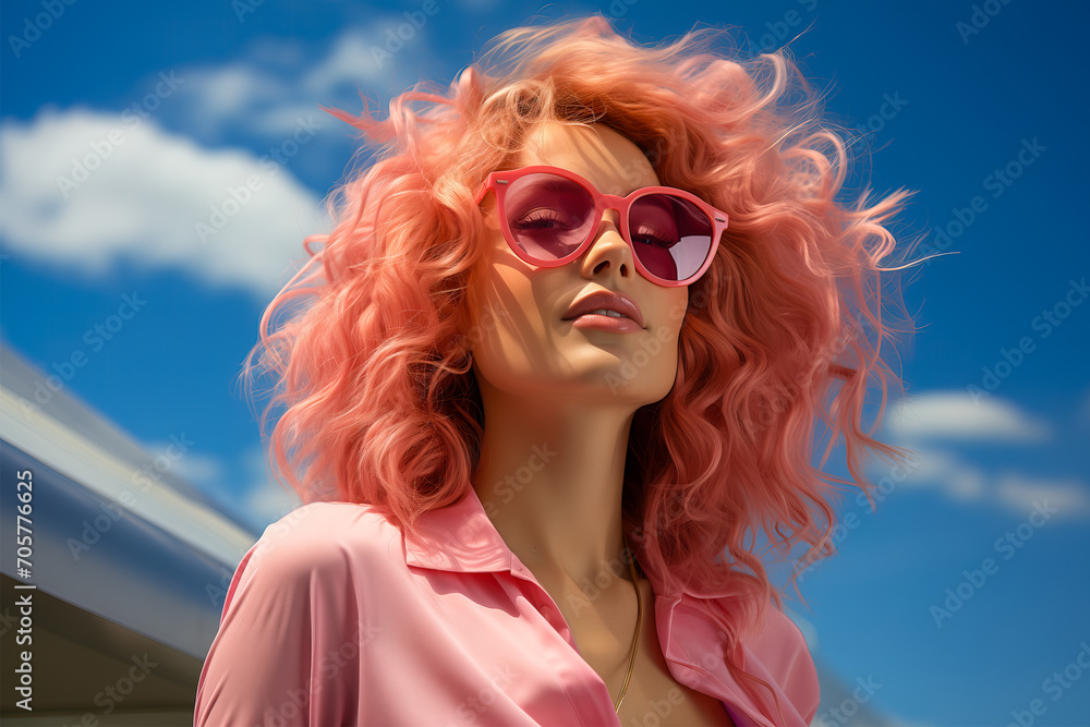 Portrait of a young beautiful happy girl with pastel pink hair on a blue background. Portrait of a young beautiful happy girl with pastel pink hair on a blue background.