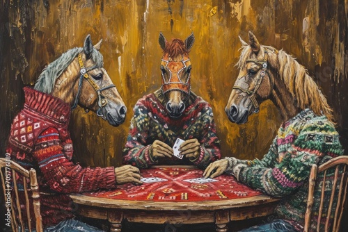 Three horses characters playing cards at the table, casino methaphory concept