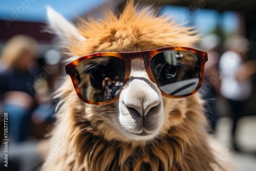  a close up of a llama wearing sunglasses and looking at the camera with a blurry background of people and a building in the backgroup of the llama.