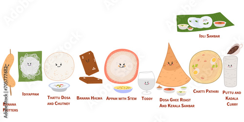 Kerala famous food, traditional food icon Puttu,Chatti Pathiri,Dosa Ghee Roast,Idli Sambar 