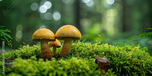 Enchanting forest fungi. Vibrant display of mushrooms in natural habitat surrounded by lush greenery and autumnal hues capturing essence of woodland beauty and organic diversity