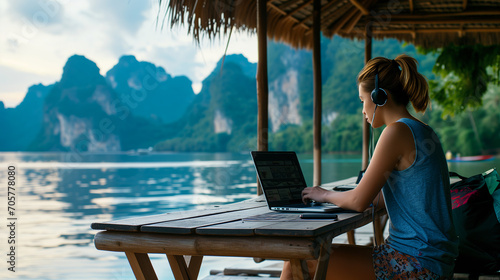 Digital Nomad Lifestyle: Remote Work in Exotic Location with Modern Tech and Adventure - Flexible Work Environment, Travel & Productivity - Female Remote Worker