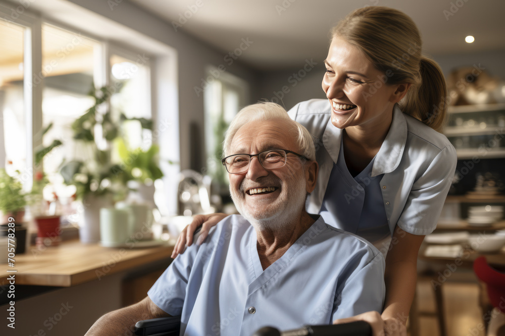 Caring nurse communicates with smiling elderly patient. Caring nurse communicates with smiling elderly patient.