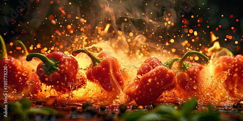 Ghost Pepper Intensity: A dining scene highlighting a culinary firestorm of spicy excitement - Spicy Explosion of Flavor - Bold, dynamic lighting capturing the intensity and excitement