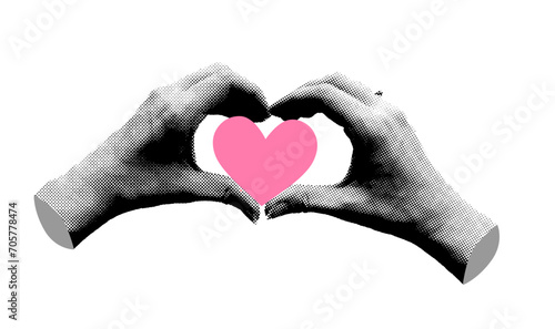 Hands in halftone for Valentine's Day card design. Romantic love vector illustration. Y2k collage style for poster, banner