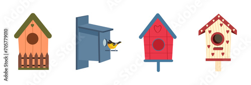 Set of cute birdhouses. Collection of wooden house for bird spring or autumn environment with fence, roof, hole. Handmade various bird house isolated. Nature protection. Flat vector illustration