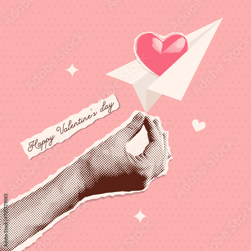 Trendy Halftone Collage hand holding Paper Airplane with heart . Love message concept. Online social media vector retro illustration with cutout paper elements. Pop art design
