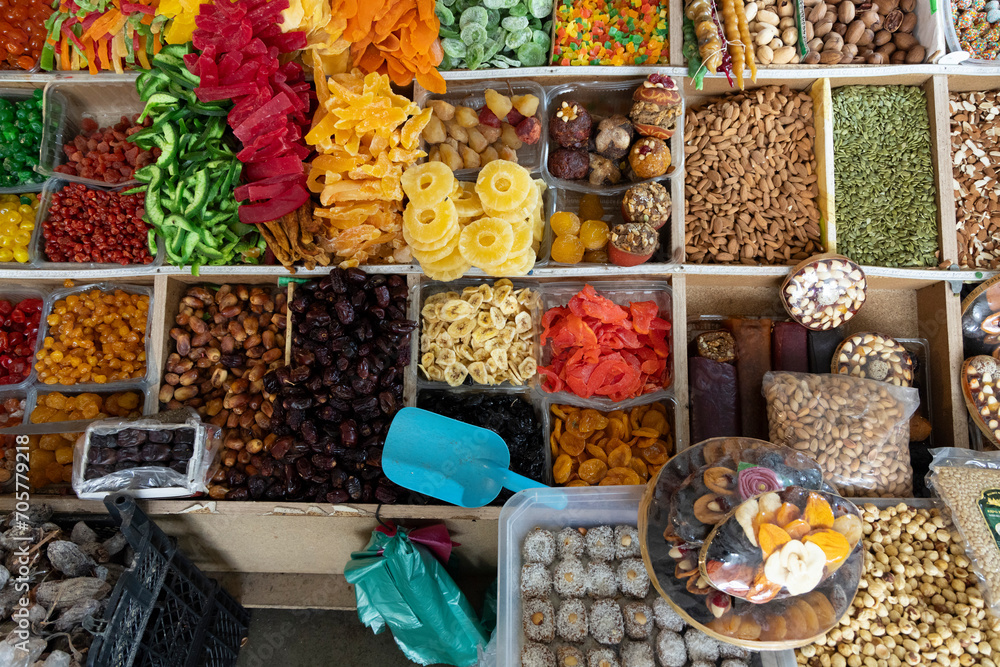 Closeup of assorted dried exotic fruits in local traditional market