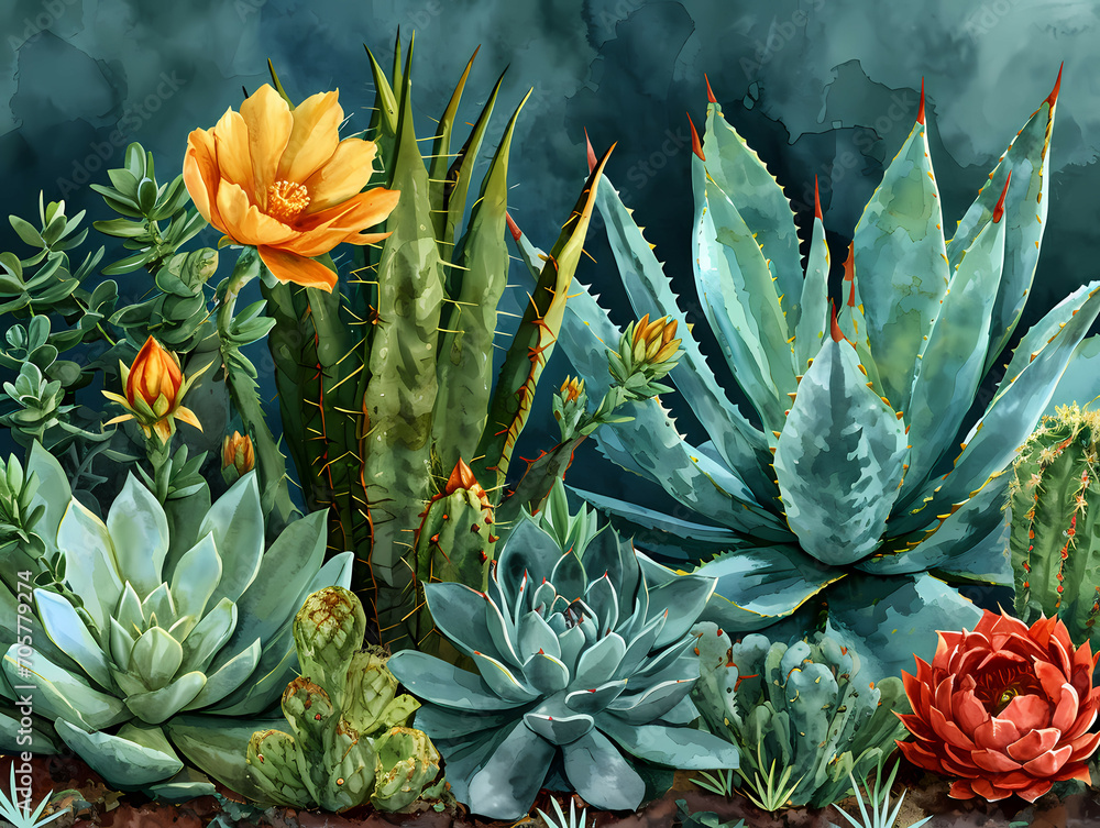 Obraz premium A Watercolor Desert Pattern Of Cactus Plants, A Group Of Colorful Succulents