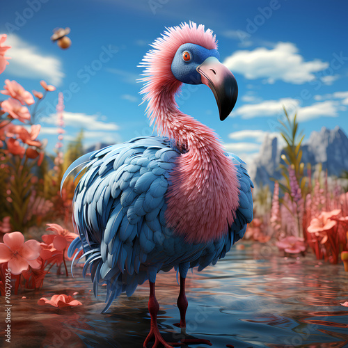 Cute pink flamingo bird in summer photo