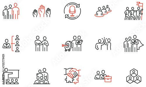 Vector Set of linear icons to career progress, company organization and business succession. Mono line pictograms and infographics design elements photo
