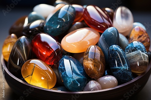 a bowl full of marbles sitting on a table next to a cup filled with something orange, yellow, blue, and black marbles on top of a table.