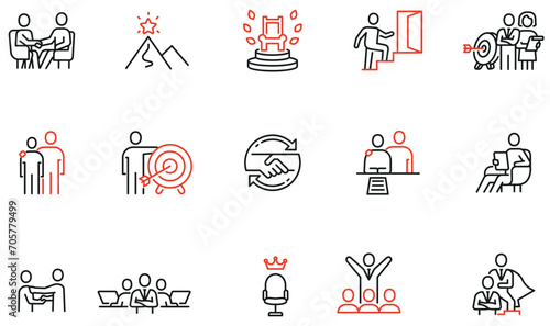 Vector Set of linear icons to career progress, company organization and business succession. Mono line pictograms and infographics design elements - part 3