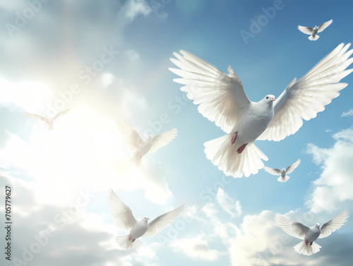 A Flock Of White Doves Flying, A Group Of White Doves Flying In The Sky