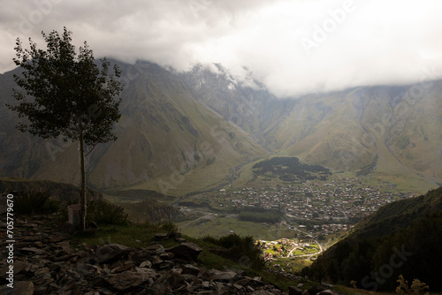 Panoramic landscape view of Stepantsminda village in Georgia Caucasus mountains