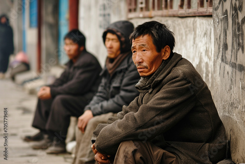 Poor, unemployed and homeless men sitting on the street of Asia, selective focus