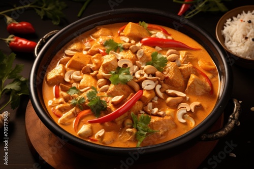  a bowl of curry with tofu, cashews, cashews, and cilantro on a black surface next to a bowl of rice and red peppers.