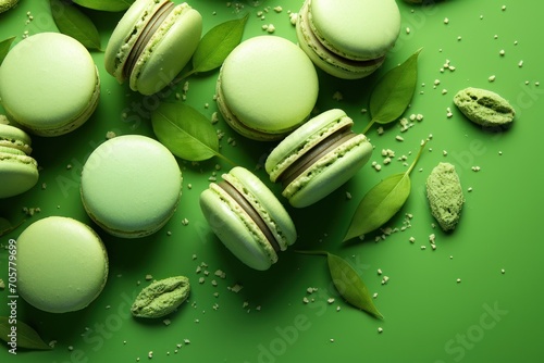  a group of macaroons sitting on top of a green surface next to green leaves and sprinkles of powdered sugar on top of the macaroons.