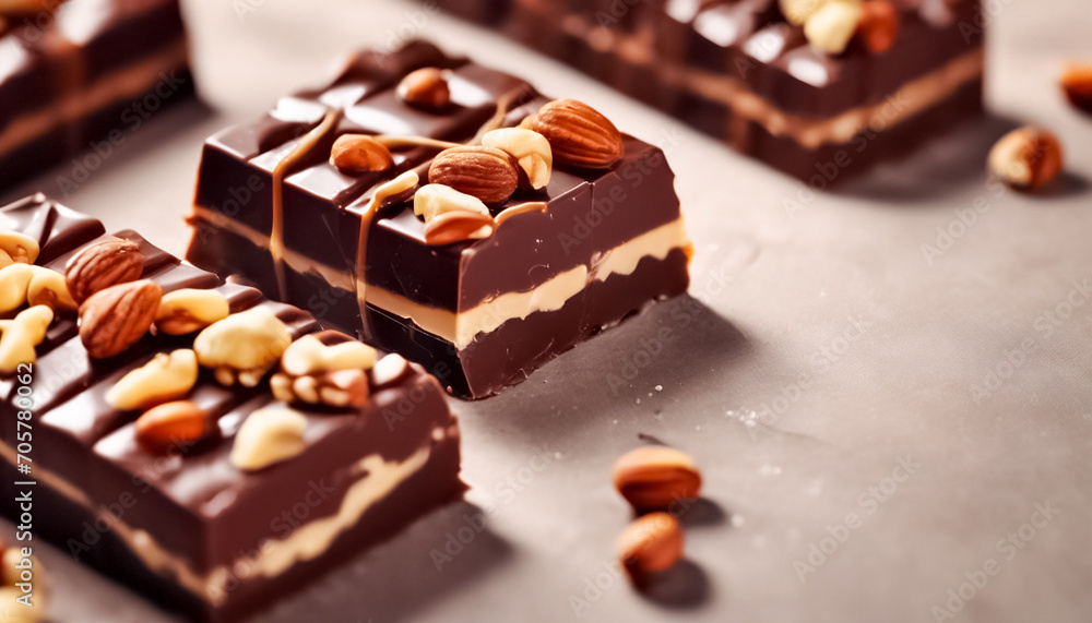 Creazioni Golose- Barrette di Cioccolato con Caramello, Noci e Torrone su Tavolo, Immagine da Banner