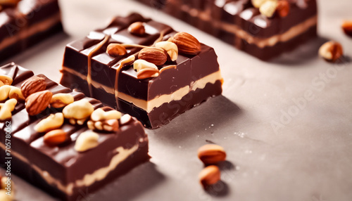 Creazioni Golose- Barrette di Cioccolato con Caramello, Noci e Torrone su Tavolo, Immagine da Banner photo