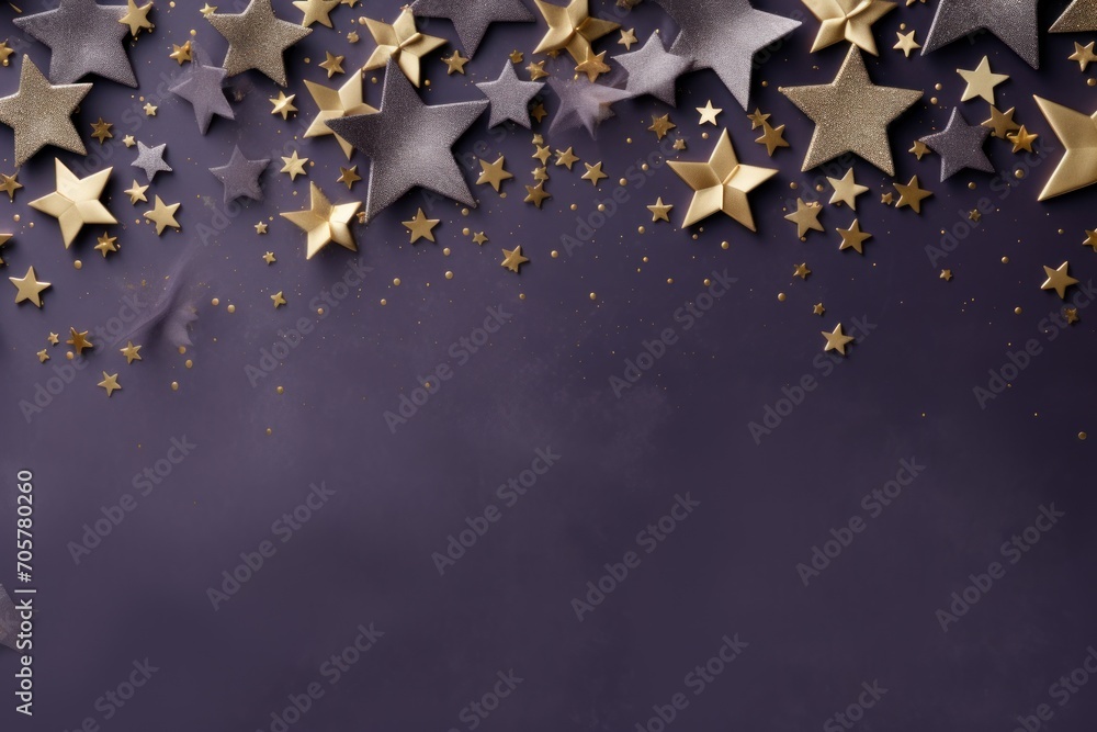 a group of gold and silver stars on a purple background with a place for a text or an image to put on a card or postcard or brochure. a group of gold and silver stars on a purple background with a place for a text or an image to put on a card or postcard or brochure.
