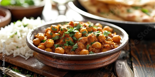 Chana Masala Elegance - A harmonious blend of spiced chickpeas: A dining table featuring a dish of spiced chickpeas - Spiced Chickpea Harmony - Soft, warm lighting accentuating the harmonious blend