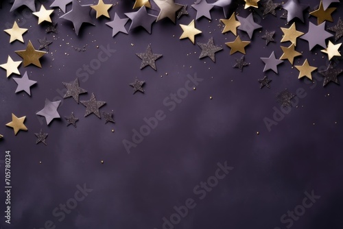  a group of gold and silver stars on a purple background with stars in the middle of the frame and in the middle of the image is a row of smaller gold and white stars.