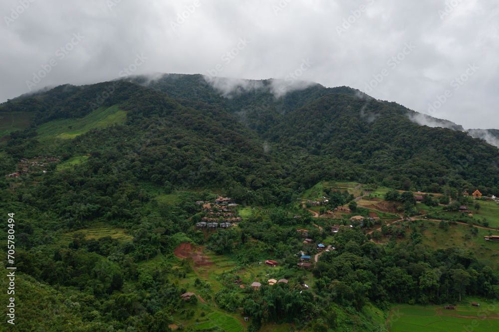 Naklejka premium Aerial view of Ban Sapan village, Peaceful little village in Nan province,Thailand