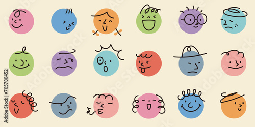 丸の上に描かれた、いろいろな色と表情の抽象的な顔のビンテージ風の手描きのベクターイラスト