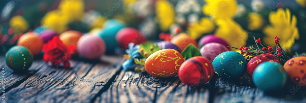 Decorated Easter eggs on a table with flowers in the sunlight, with space for text