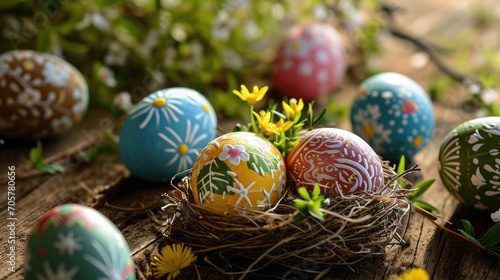 Decorated Easter eggs in a basket on the grass with flowers in the sunlight, with space for text