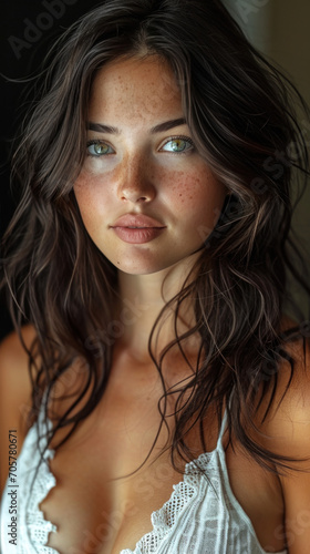 portrait d'une jeune fille brune aux yeux vert portant une robe blanche décolletée