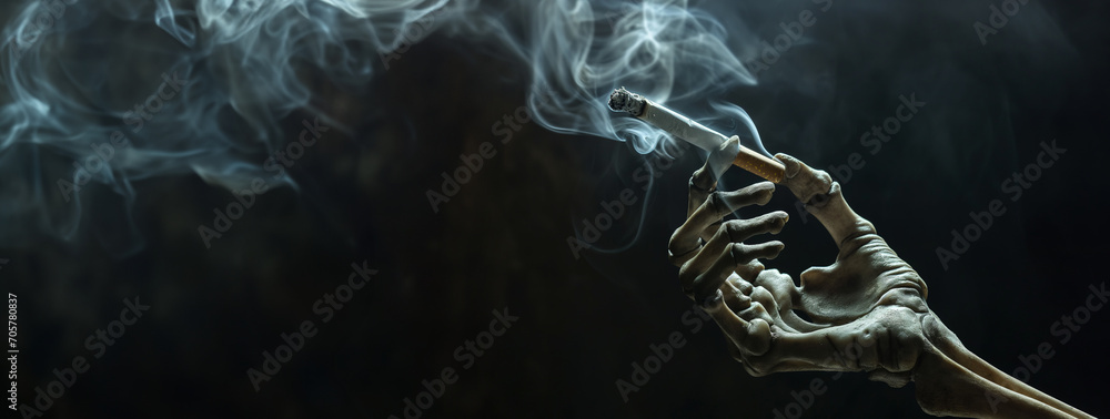 From Ashes to Awareness: A Skeleton's Hand Holds a Lit Cigarette, Wisps of Smoke Curling into the Abyss. In the Dark Canvas, the Message Resounds: Choose Health Over the Illusion of Pleasure. From Ashes to Awareness: A Skeleton's Hand Holds a Lit Cigarette, Wisps of Smoke Curling into the Abyss. In the Dark Canvas, the Message Resounds: Choose Health Over the Illusion of Pleasure.
