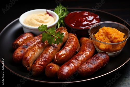  a plate of sausages, mashed potatoes, and ketchup on a black plate with a bowl of ketchup and a garnish on the side.