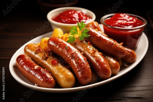  a plate of hot dogs with ketchup, mustard, and french fries on a wooden table with ketchup and ketchup in a bowl on the side.