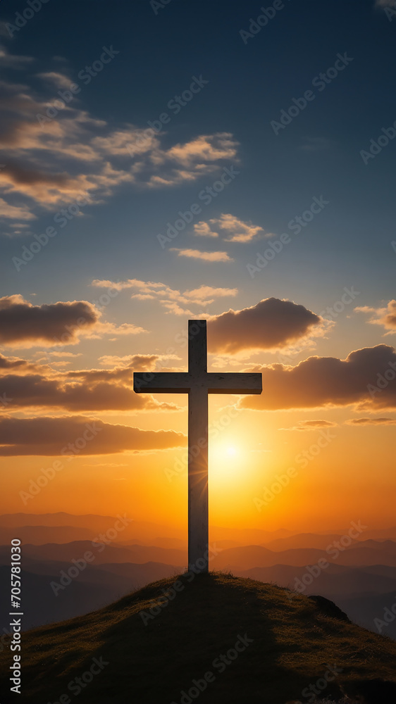 Wake card, silhouette of a cross on the mountain with the sun in orange. Reminder concept for a funeral