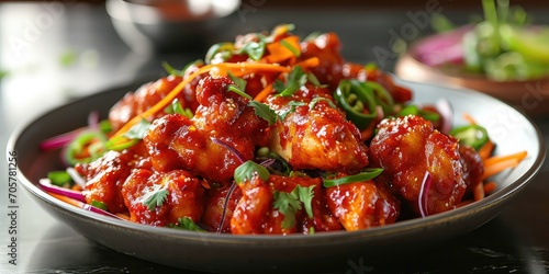 A dining scene showcasing the spicy and flavorful chicken dish - Fiery Chicken Flavor Explosion - Bold, dynamic lighting capturing the intensity and excitement of popular Indian spicy chicken dish