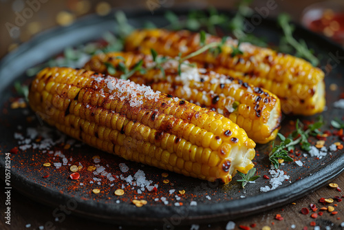 Grilled corncob with butter salt and chili flake. photo