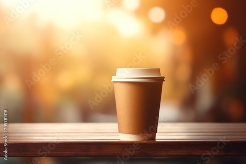  a cup of coffee sits on a wooden table in front of a blurry background of trees and a sunlit area with boke of lights in the distance.